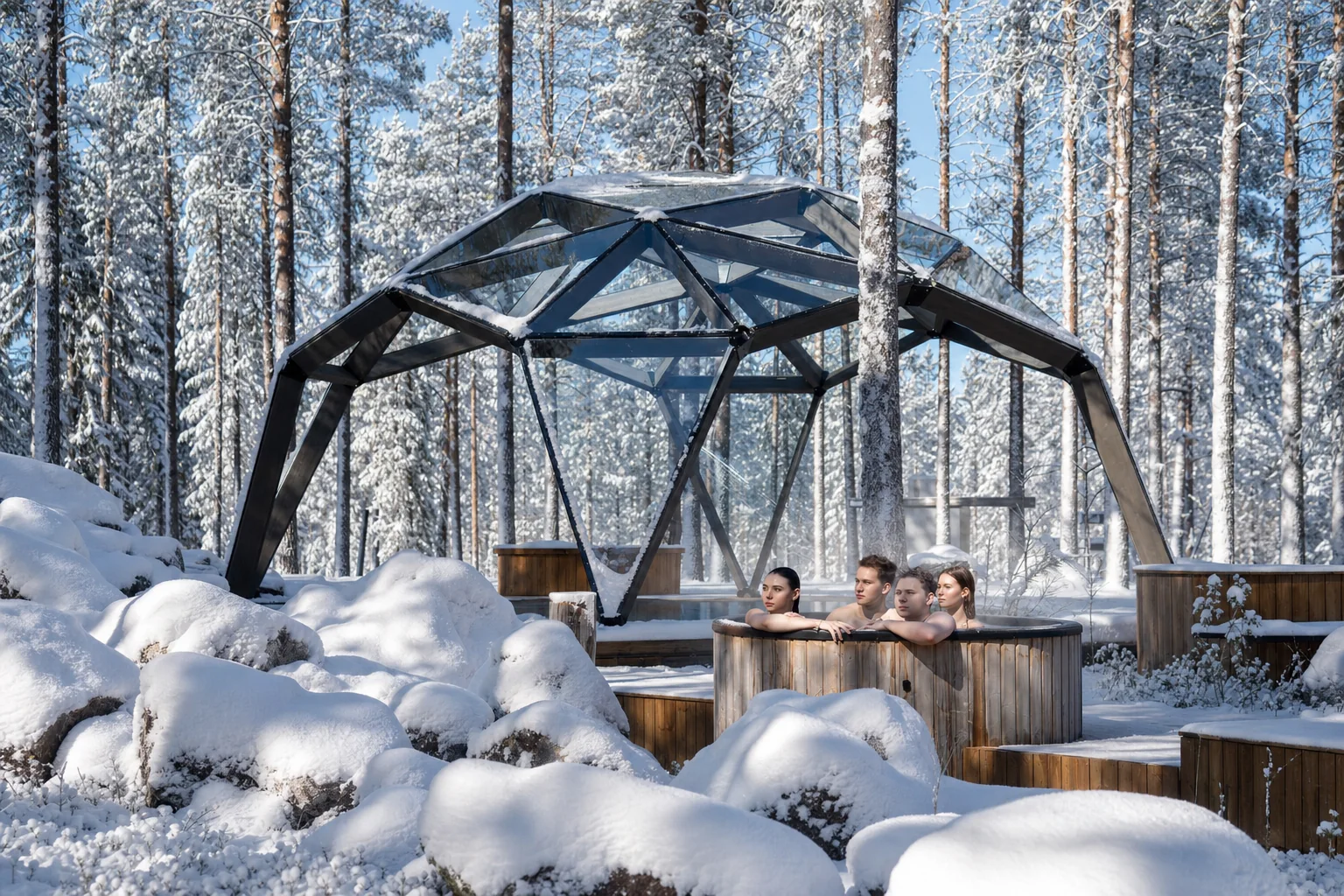 Ospiti in una vasca idromassaggio all’aperto accanto al padiglione della spa in inverno