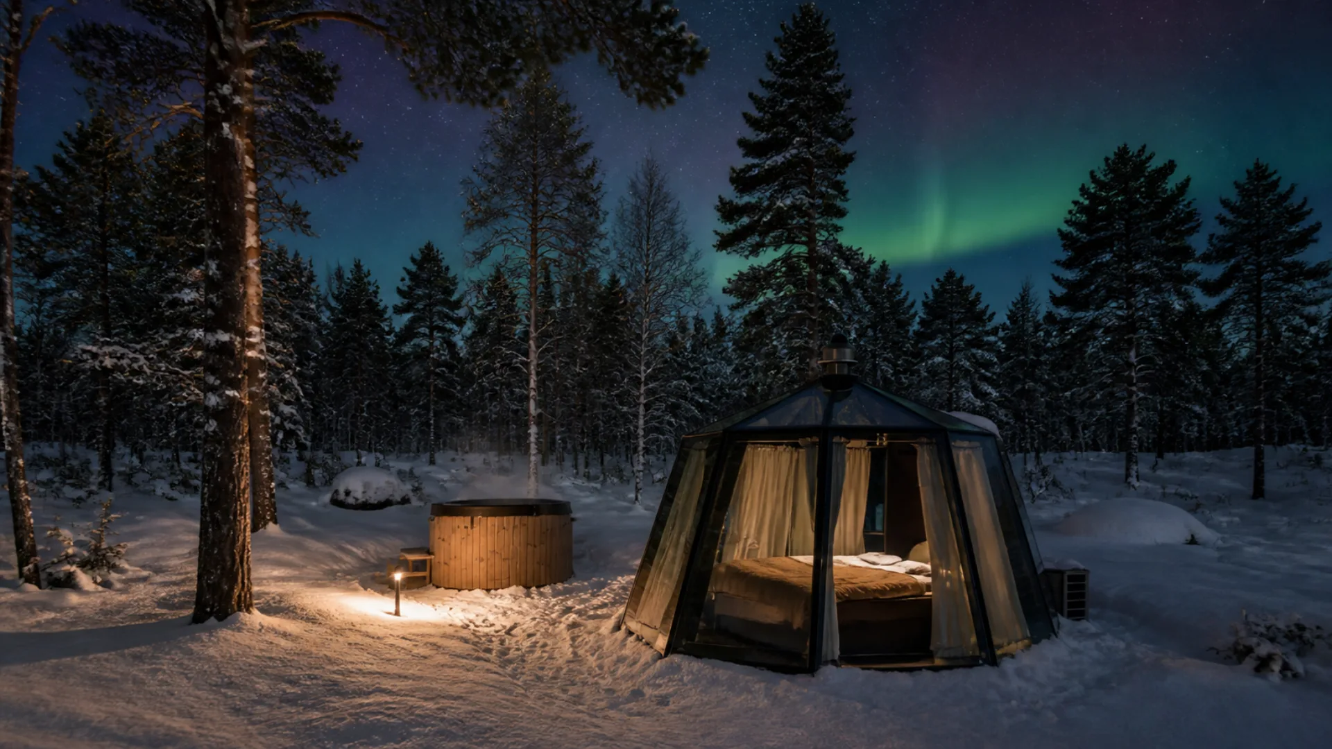 Visualisation of an Aurora Hut and private hot tub beneath the northern lights