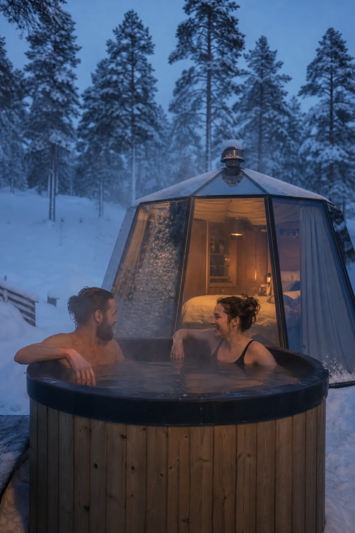 Visualisierung von Gästen im privaten Whirlpool neben einer Aurora Hut