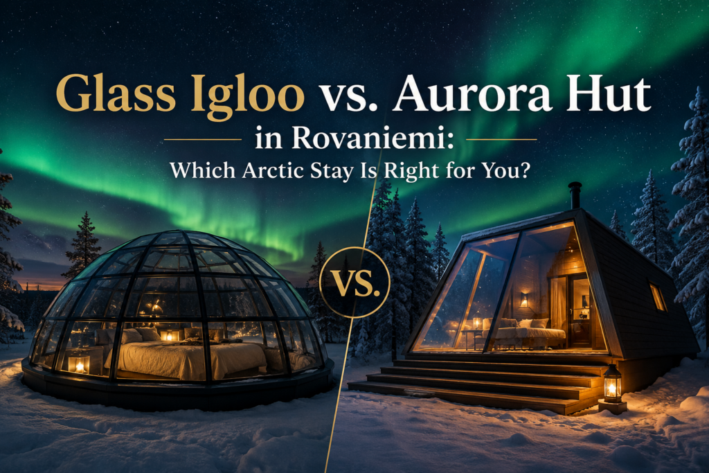 Aurora Hut mit Glasdach im winterlichen Wald