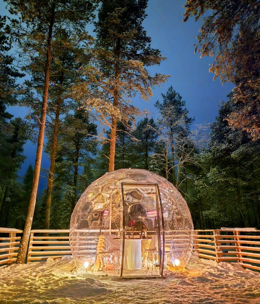 Revontuli-iglu lumisessa metsässä