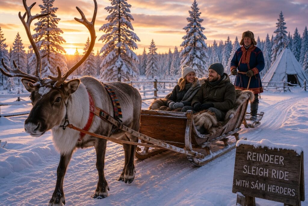 Paseo en trineo de renos con pastores sámi