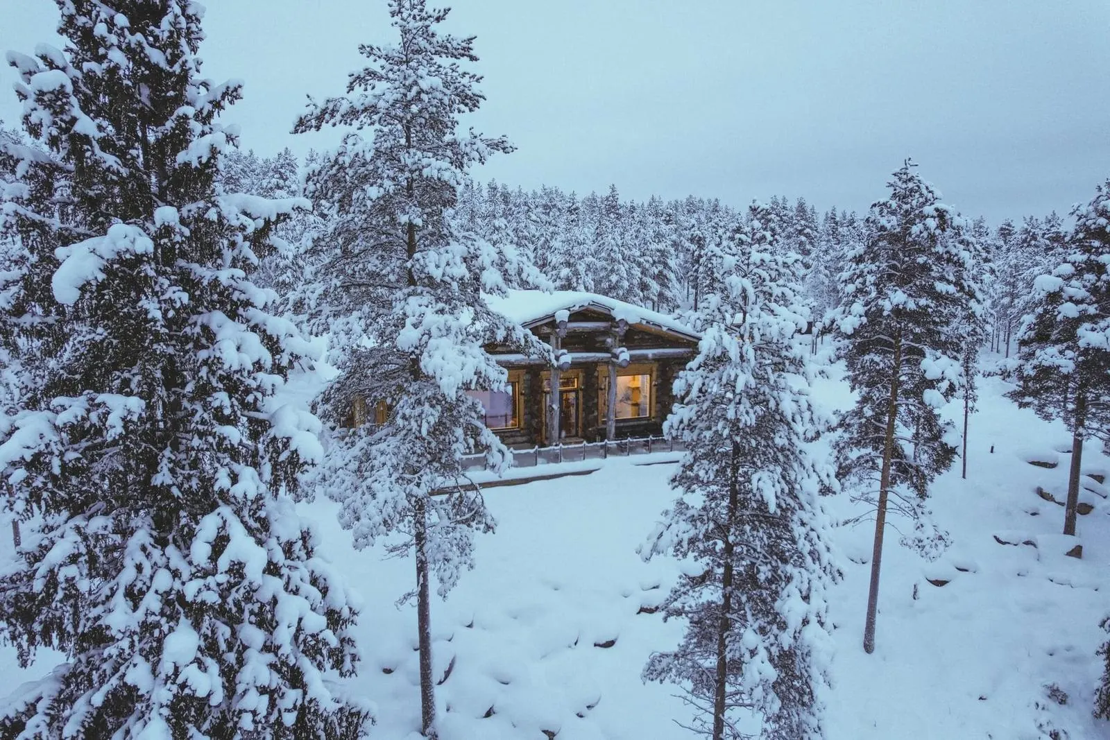 The Luxury Log Villa in its winter forest setting