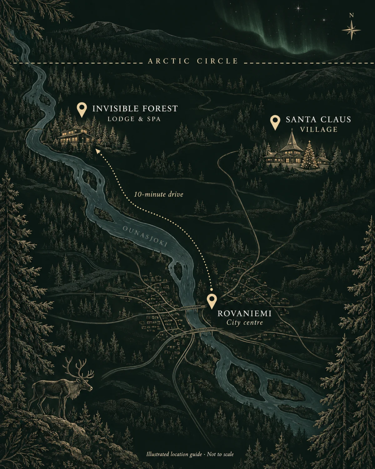 Guida illustrata che mostra Invisible Forest Lodge vicino a Rovaniemi e al Circolo Polare Artico