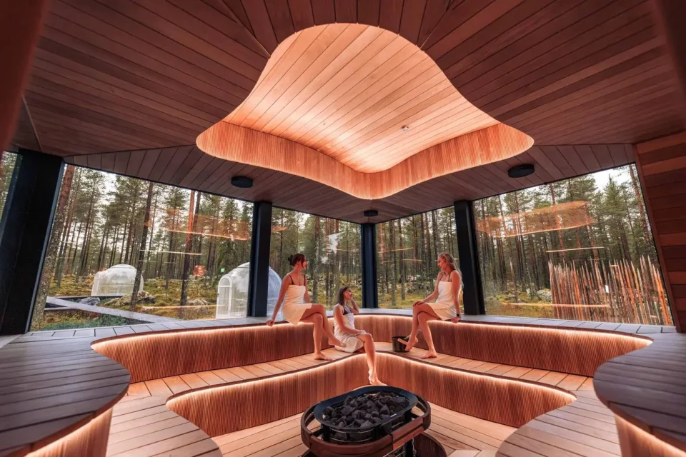 Guests relaxing in the panoramic forest-view sauna at Arctic Forest Spa