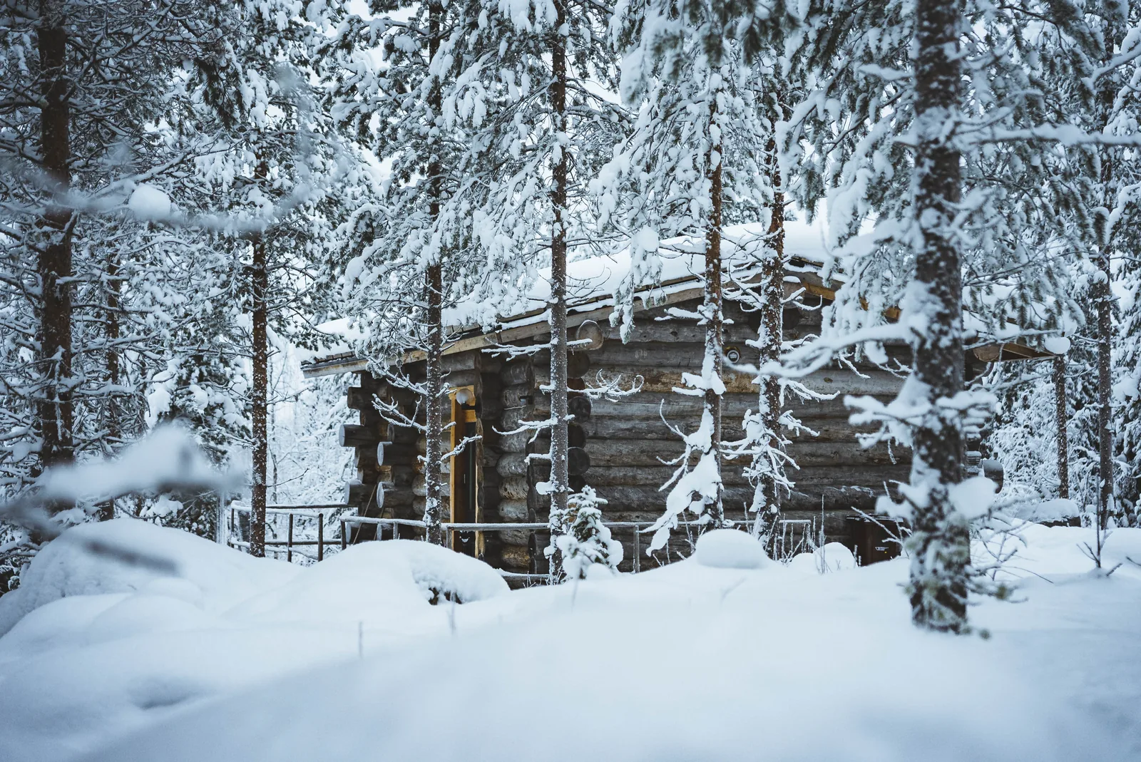 Log cabin surrounded by deep snow and frosted forest