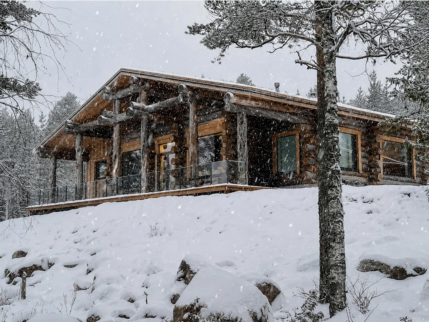Luxus-Blockvilla bei winterlichem Schneefall